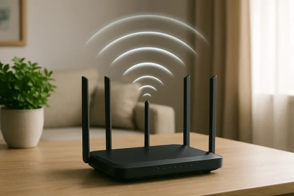 Como melhorar o Wi-Fi em casa: dicas para um sinal mais forte e estável Uma cena ultra realista mostrando um roteador moderno em um ambiente doméstico, emitindo um forte sinal Wi-Fi