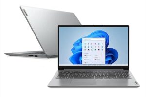 Notebook Lenovo IdeaPad 1i aberto e fechado, com tela de 15,6 polegadas exibindo o Windows 11 e acabamento prata moderno.