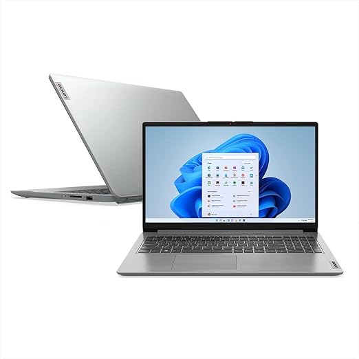 Notebook Lenovo IdeaPad 1i aberto e fechado, com tela de 15,6 polegadas exibindo o Windows 11 e acabamento prata moderno.